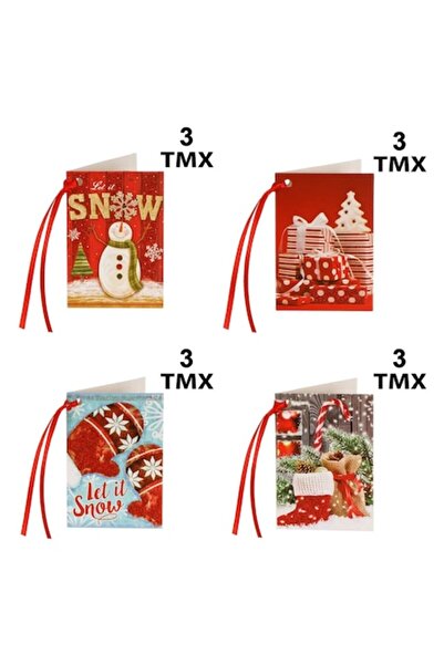 SHOPIENS Set felicitări de Crăciun, 4 modele, cu șnur, multicolor, 12 bucăți,...