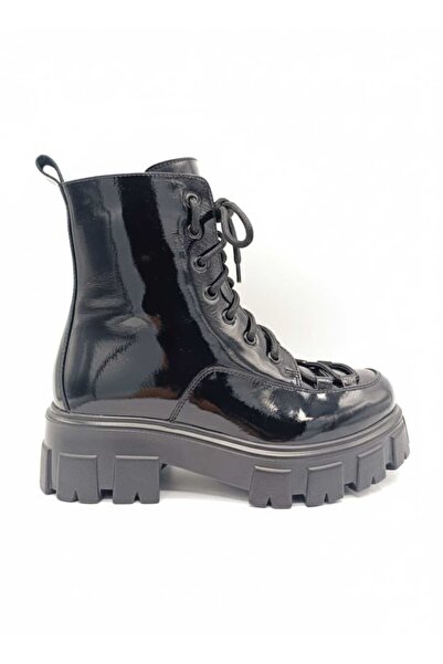 nostra shoes Silvia Hakiki Deri Bağcıklı Fermuarlı Kalın Taban Kadın Postal Bot