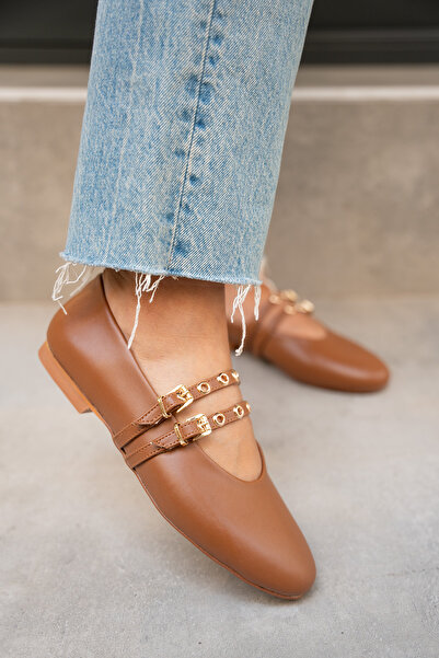 LAMİNTA Pari Taba Leather Women's Ballerinas with Gold Buckle