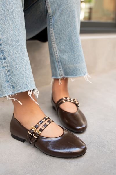 LAMİNTA Pari Bitter Coffee Leather Gold Buckle Дамски балетни пантофки