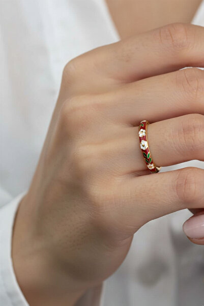 Sose Moda Red Flower Pattern Enamel Adjustable Ring | Elegant, Shiny, and Anti-Allergic Design