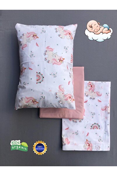 SELONYA Nevresim takım %100 Organic Unicorn Kız bebek 120x150 Beşik ve park y...