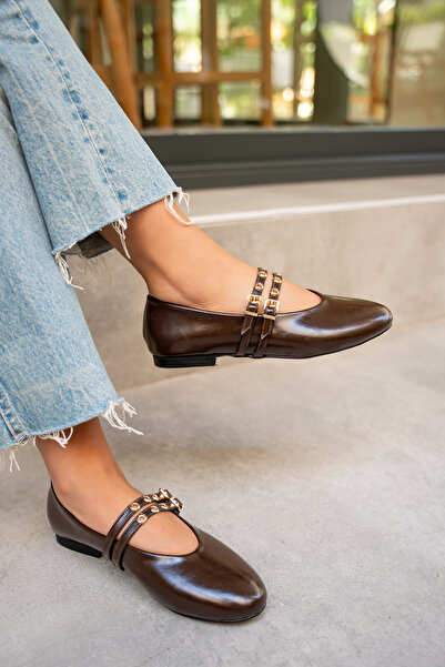 LAMİNTA Pari Bitter Brown Leather Gold Buckle Women's Ballerinas