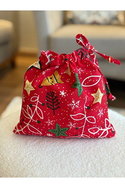 MEKİK BUTİK Bell Pattern Christmas New Year Pouch - Linen Cloth Pouch - 20X20 - Gift Bag - Cloth Bag