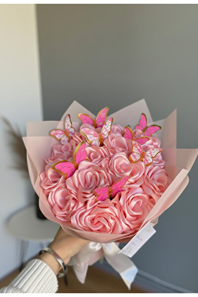Buketim Seninle 14'lü Pembe Kelebekli Solmayan Saten Gül Buketi, Sevgiliye Hediye, Arkadaşa Hediye