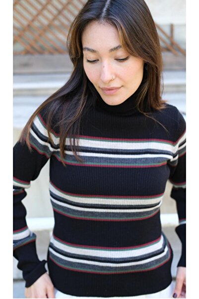 Butik Una Fiaba-Negru-Bej Pulover tricotat cu dungi pentru femei basic