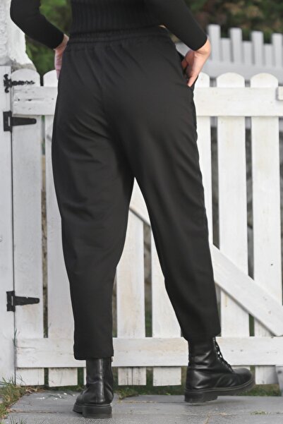 Chiccy Black Pocketed Elastic Waist Straight Leg Casual Faux Leather Knitted Trousers 95 65