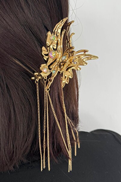 TAKIŞTIR Gold Color Butterfly Figured Stone Detailed Hanging Metal Latch Buckle