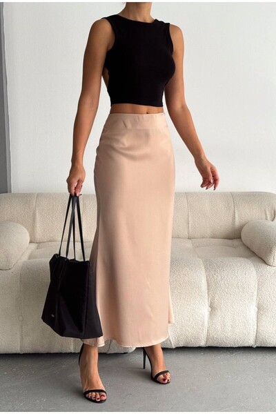 KaSheHa Taş Lüks Kalite Fermuarlı Yüksek Bel Saten Etek 91 Cm