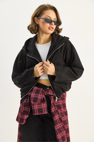 Bianco Lucci Women's Hooded Zippered Pocket Detailed Lined Suede Bomber Jacket 6912 60283709