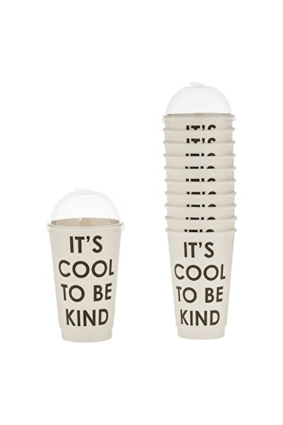 MYONNA IT & E- COMMERCE Set pahare de hârtie „It's Cool to Be Kind”, alb, capac transparent din plastic, 480 ml, 10 buc.