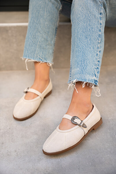 LAMİNTA Opsis Beige Suede Flat Sole Women's Ballerinas with Belt Detail