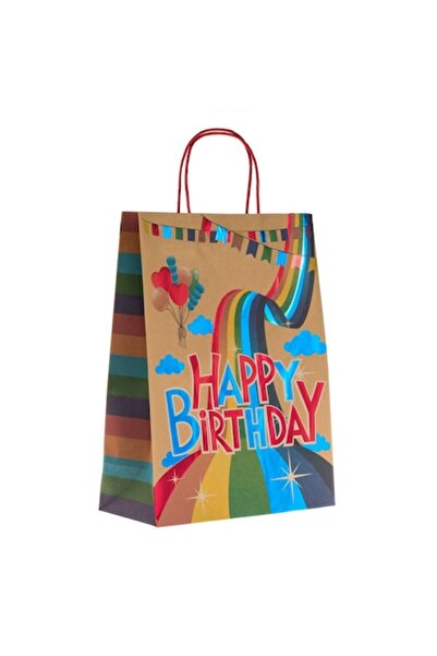 OEM Καφέ χάρτινη τσάντα δώρου με πολύχρωμο ουράνιο τόξο «Happy Birthday» 26x1...