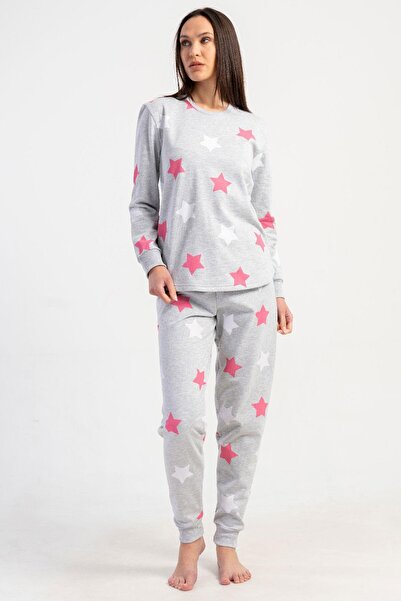 REN Women's 2 Thread Woven Round Neck Long Sleeve Skirt Oval Cuff Pajama Set with Inner Ribbing