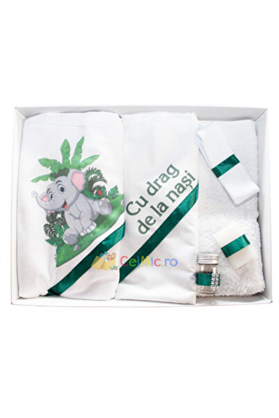 OEM Set botez 6 piese personalizat „Cu dragoste de la nași” - Elefant - Alb/V...