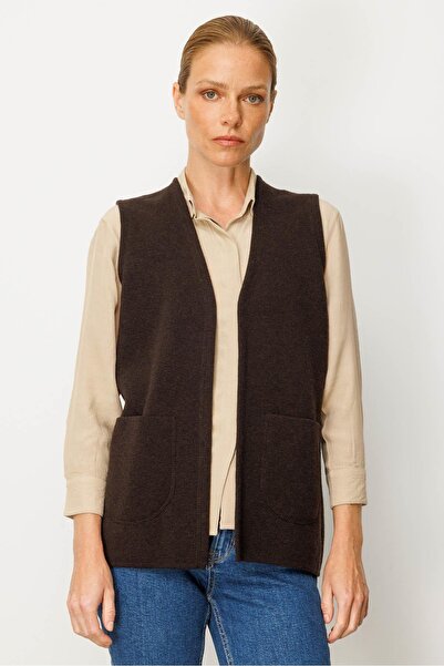 Desen Triko Жіночий светр з V-подібним вирізом, в'язаний з вовни, 25044, темно-коричневий