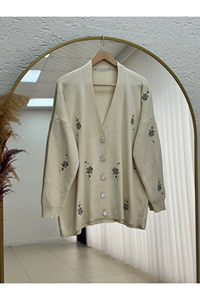 BENAHOLL Ferenya Hollow Buttoned Floral Embroidered Cardigan-Zi̇6248 Stone