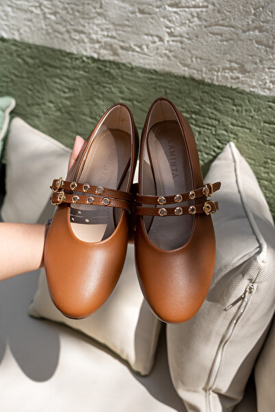 LAMİNTA Pari Taba Leather Women's Ballerinas with Gold Buckle