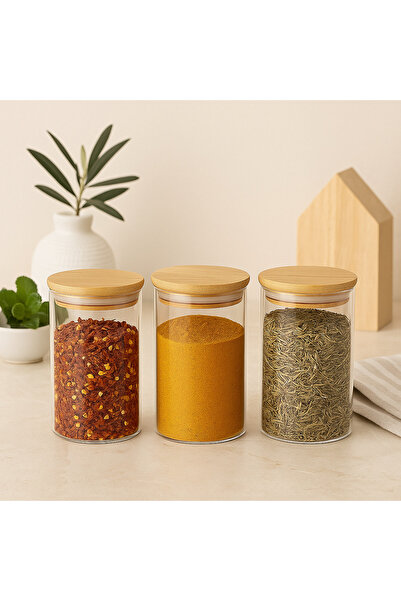 Blissra 3’lü Bambu Kapaklı Cam Kavanoz Seti – Hava Geçirmez, Şık Mutfak Saklama Kabı-700mL