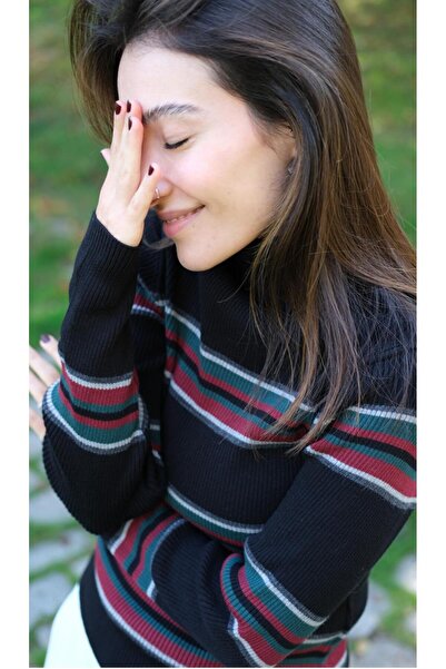 Butik Una Fiaba-Negru-Bordeaux Pulover tricotat cu dungi pentru femei basic