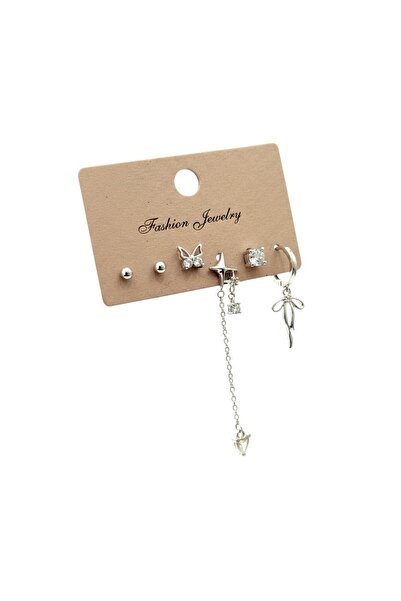 CLOVER JEWELRY طقم أقراط فضية اللون متعدد الأشكال أنيق