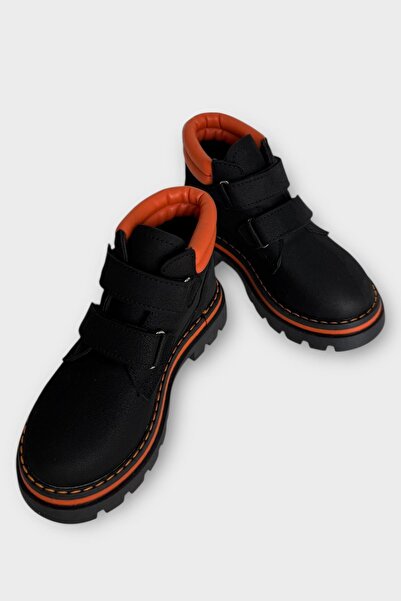 Liger Παιδικές μπότες με διπλό Velcro και αντιολισθητική σόλα με φλις εσωτερικά ΜΑΥΡΟ - ΠΟΡΤΟΚΑΛΙ