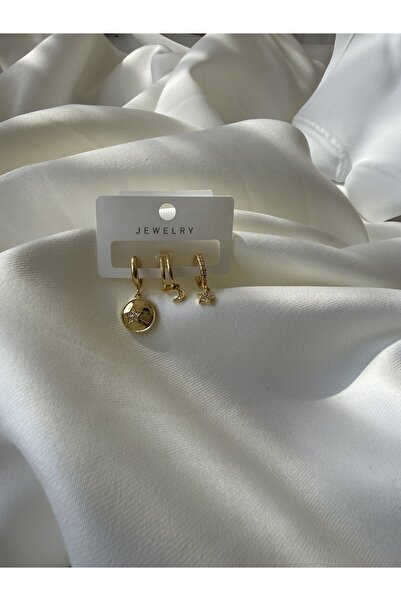 NB STEELORA Zirkon Taşlı Yıldız Ve Ay Model Gold Renk 3'lü Çift Küpe Set