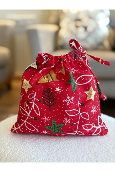 MEKİK BUTİK Bell Pattern Christmas New Year Pouch - Linen Cloth Pouch - 20X20 - Gift Bag - Cloth Bag