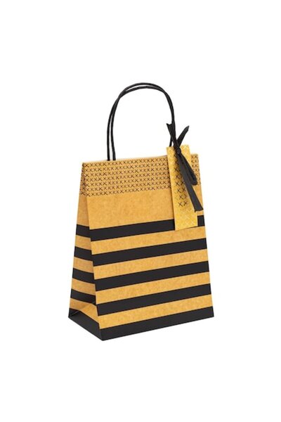 MYONNA IT & E- COMMERCE Pungă cadou bej cu dungi negre 18x10x23 cm, hârtie, mâner negru și fundă