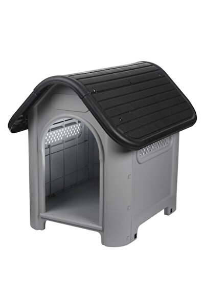 SHOPIENS Cușcă pentru câini din plastic, gri-negru, 75x59x66 cm, acoperiș robust, ventilație - MYONNA