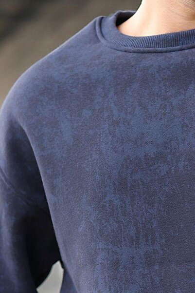 Madmext Navy Blue Crew Neck Tie-Dye Patterned Men's Sweatshirt Pants Set E7344