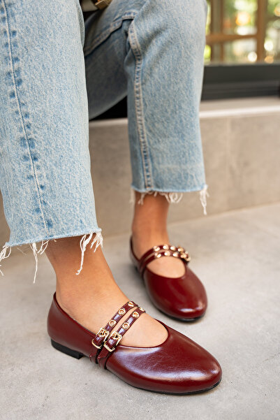 LAMİNTA Pari Burgundy Leather Gold Buckle Women's Ballerinas