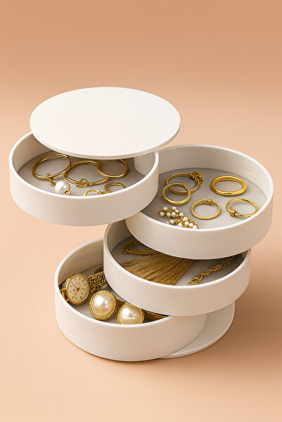 ANI OFİS KIRTASİYE A K 4 Tier Rotating Modern White 360 Rotating Plastic Jewelry Organizer Box