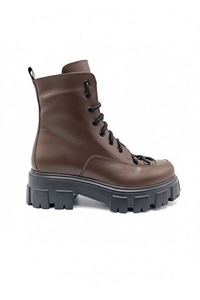 nostra shoes Silvia Hakiki Deri Bağcıklı Fermuarlı Kalın Taban Kadın Postal Bot