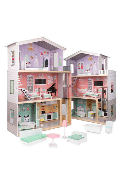 SOLLUXE Casa de papusi cu 3 etaje, lift functional, 4 camere cu mobilier complet si accesorii, 117 cm, lemn