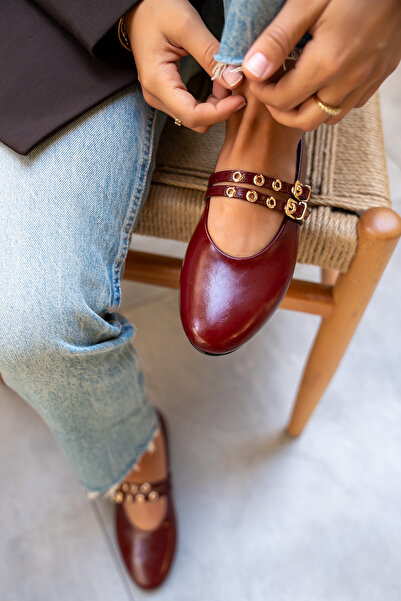 LAMİNTA Pari Burgundy Leather Gold Buckle Women's Ballerinas