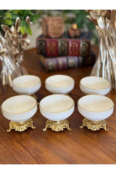 atabey home Porcelain Large Turkish Delight Dish 8 cm Set of 6 Gold 3-Legged Sauce Bowl & Turkish Delight Dish