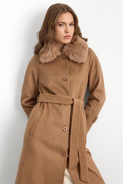 Olcay Fur Moher Long Coat with Detachable Collar Kamel 3151