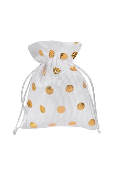 SHOPIENS Poșetă albă din in cu buline aurii, 10x13 cm (poliester)