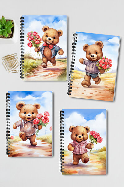 qoeuyl boutique Cute Bears Design Wire Spiral A5 Unlined 4-Piece Souvenir, Memory, School Notebook Set