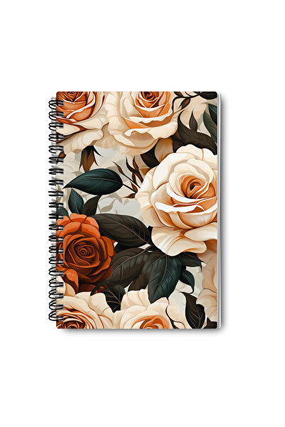 qoeuyl boutique Beige Roses No:2 Design Wire Spiral A5 Unlined 4-Piece Souvenir, Memory, School Notebook Set