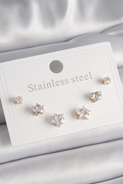 Belle Fusion Bfs 316L Steel Gold Color Zircon Stone Star Model Women's Earrin...