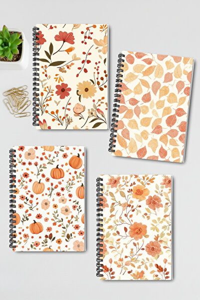 qoeuyl boutique Autumn Leaves Design Wire Spiral A5 Unlined 4-Piece Souvenir, Memory, School Notebook Set