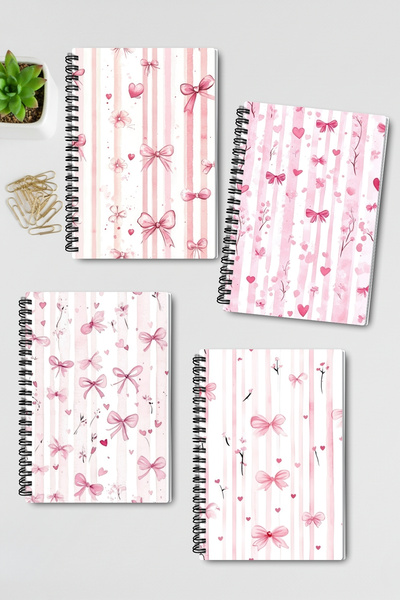 qoeuyl boutique Pink Bouquet and Floral Themed Design Wire Spiral A5 Unlined 4-Piece Souvenir, Memory, School Notebook Set