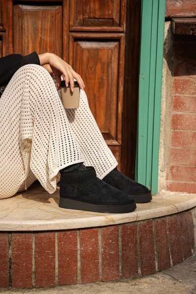 diclepolat Μίνι μαύρες γυναικείες μπότες με χοντρή σόλα με επένδυση από γούνα Soul