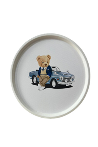 AiroBazar Decorative Round Presentation Tray 35 cm Bear Classic Car Pattern – Serving and Coffee Tray