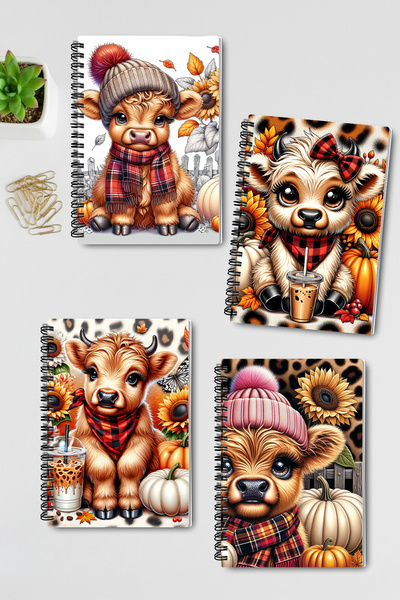qoeuyl boutique Autumn-Themed Cute Cow Design Wirebound A5 Unlined 4-Piece Souvenir, Memory, School Notebook Set