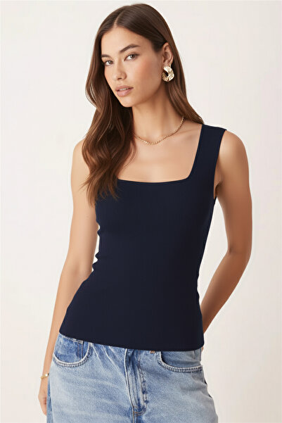 armonika Women's Navy Blue Thick Strap Ribbed Knit Blouse Arm-23Y069001