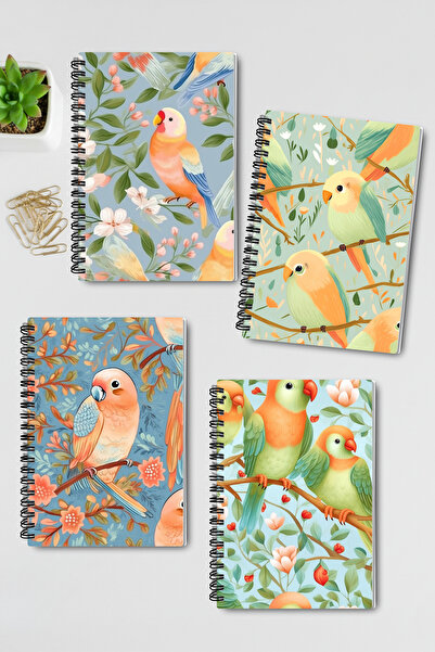 qoeuyl boutique Little Birds No:2 Design Wire Spiral A5 Unlined 4-Piece Souvenir, Memory, School Notebook Set