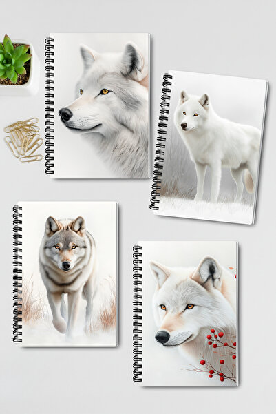 qoeuyl boutique White Wolf Winter Themed Design Wire Spiral A5 Unlined 4-Piece Souvenir, Memory, School Notebook Set